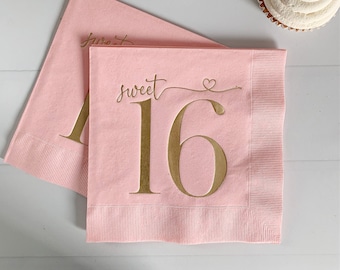 Sweet 16 Birthday Lunch Napkins: Pink, White, Turquoise or Hot Pink with Gold Foil