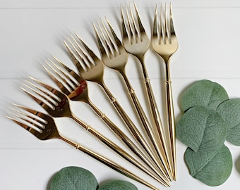 Gold Modern Forks - 24 Plastic Forks for Dessert, Wedding Cake, Salads, Dinner Forks