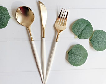Ivory & Gold Modern Utensils, Picnic, Wedding, Bridal Shower | 8 Forks | 8 Spoons | 8 Knives
