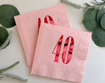 Servilletas de cóctel para el 40 cumpleaños: Decoración retro para fiestas en rosa y rojo - Juego de 16