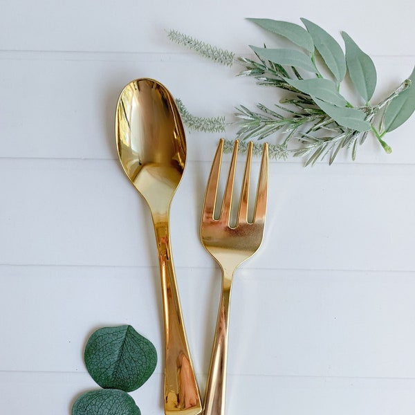 Gold Serving Fork and Spoon Set - Plastic