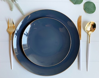 Slate Blue with Gold Dinner Plates - Plastic