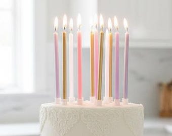 Pink, Gold & White Birthday Candles: Tall Skinny Party Decorations (Set of 16)