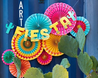 Fiesta Party Banner, Pinwheel Fans and Cactus Banner