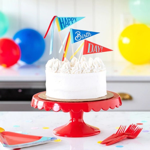 Happy Birthday Pennant Cake Toppers - Pink, Red, Yellow