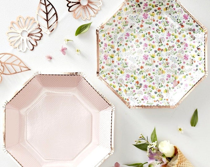 Rose Gold Floral Paper Plates, Tea Party Decorations, Bridal Shower Place Settings Etsy