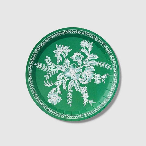 Emerald Green Toile Dessert Plates - Bold Floral