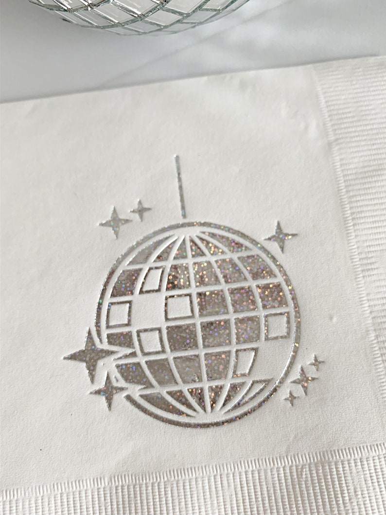 Our gorgeous iridescent foiled disco ball cocktail napkins are perfect for your disco-themed event. These are perfect for a wedding, bachelorette, birthday party or New Year's Eve.