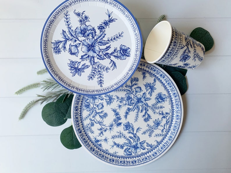 Blue Toile Dinner Plates Bold Floral Etsy
