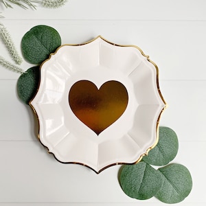 White Cake Plates with Gold Edge and Heart | Set of 8 Paper Plates for Baby Showers, Engagement Parties and Bridal Showers