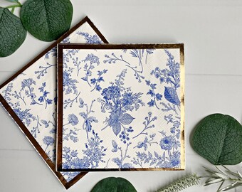 Blue Toile Cocktail Napkins - Gold Edge