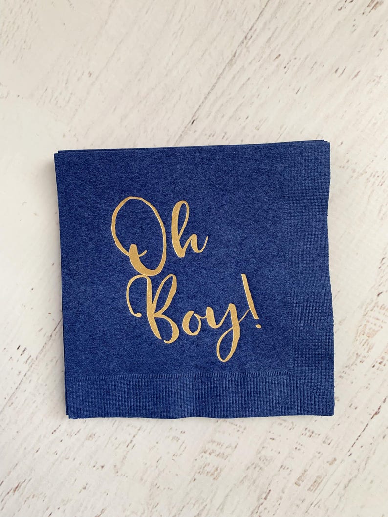 'Oh Boy' in ice blue foil on white paper napkins are the perfect touch for balancing all the tasty treats that will be served at the baby shower!
You can select your color choice from the drop down menu.  Everything from forest green and gold, to red on white, and ice blues and navys.  You can match your baby shower themes with ease with these napkins.