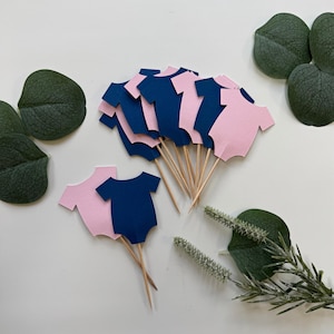Gender Reveal Toppers - Navy and Blush Baby Bodysuit Cupcake Toppers: Handmade, Set of 12