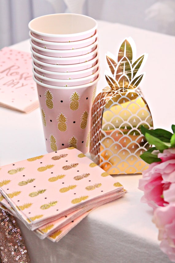 Pink and Gold Pineapple Cocktail Napkins & Cups Il_570xn