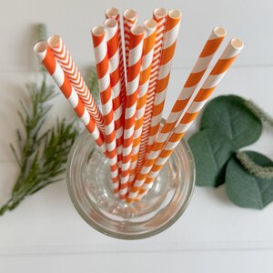Op de afbeelding: Een verzameling oranje en wit gestreepte papieren rietjes in een helder glas. De rietjes hebben verschillende patronen, waaronder diagonale strepen en chevrons. Groen gebladerte is zichtbaar op de achtergrond.