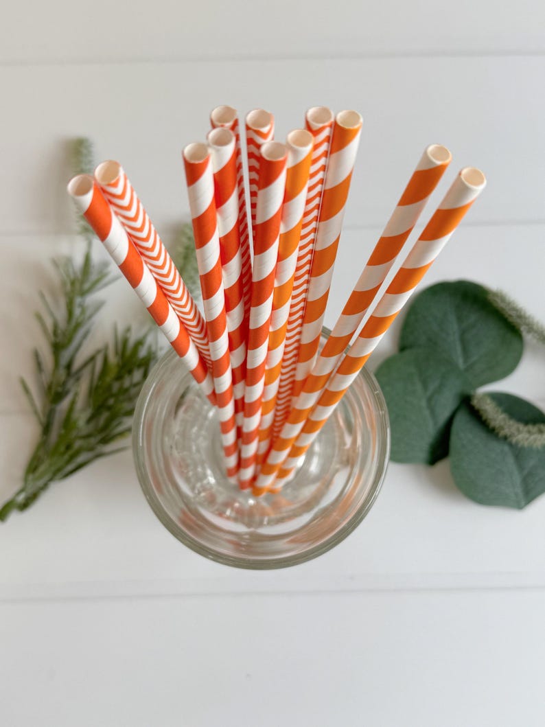Op de afbeelding: Een verzameling oranje en wit gestreepte papieren rietjes in een helder glas. De rietjes hebben verschillende patronen, waaronder diagonale strepen en chevrons. Groen gebladerte is zichtbaar op de achtergrond.