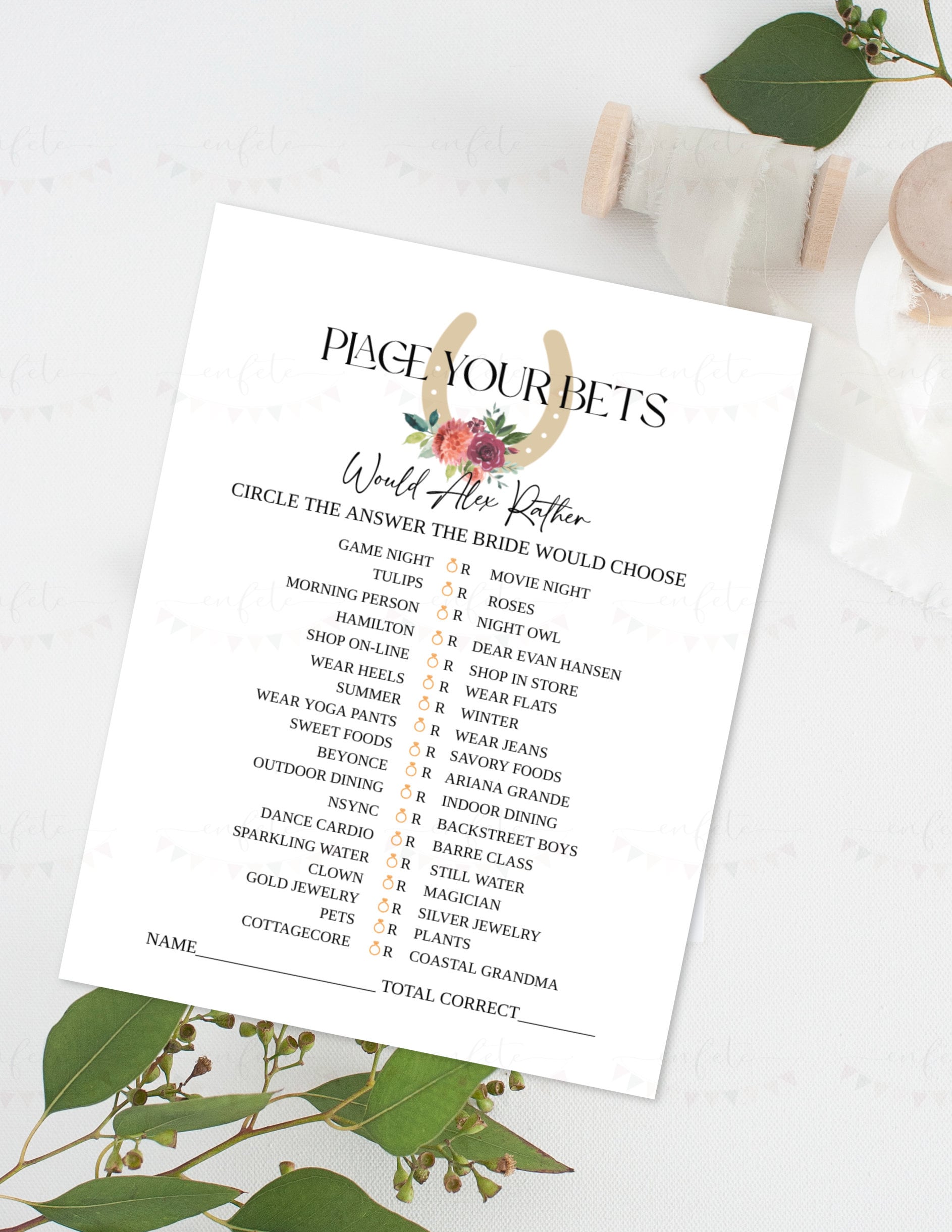 Derby Bridal Shower Game: 'Would She Rather' Printable (Digital Download)