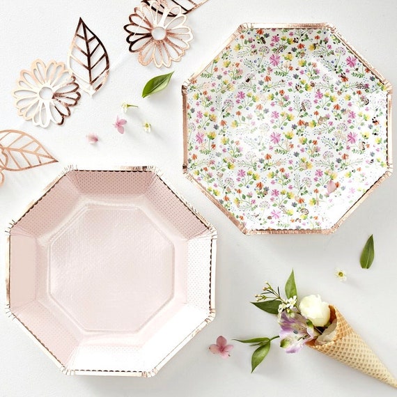 Rose Gold Floral Paper Plates, Tea Party Decorations, Bridal Shower Place Settings Il_570xn