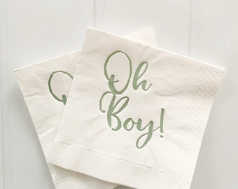 Oh Boy! Sage on White Baby Shower Cocktail Napkins | Decorations for  Baby Shower | Set of 16