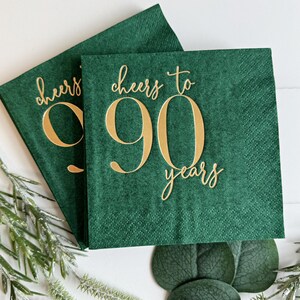 Cheers to 90 Years - Gold Foil | Set of 16 90th Birthday Beverage or Luncheon Napkins Gold/Green Cocktail