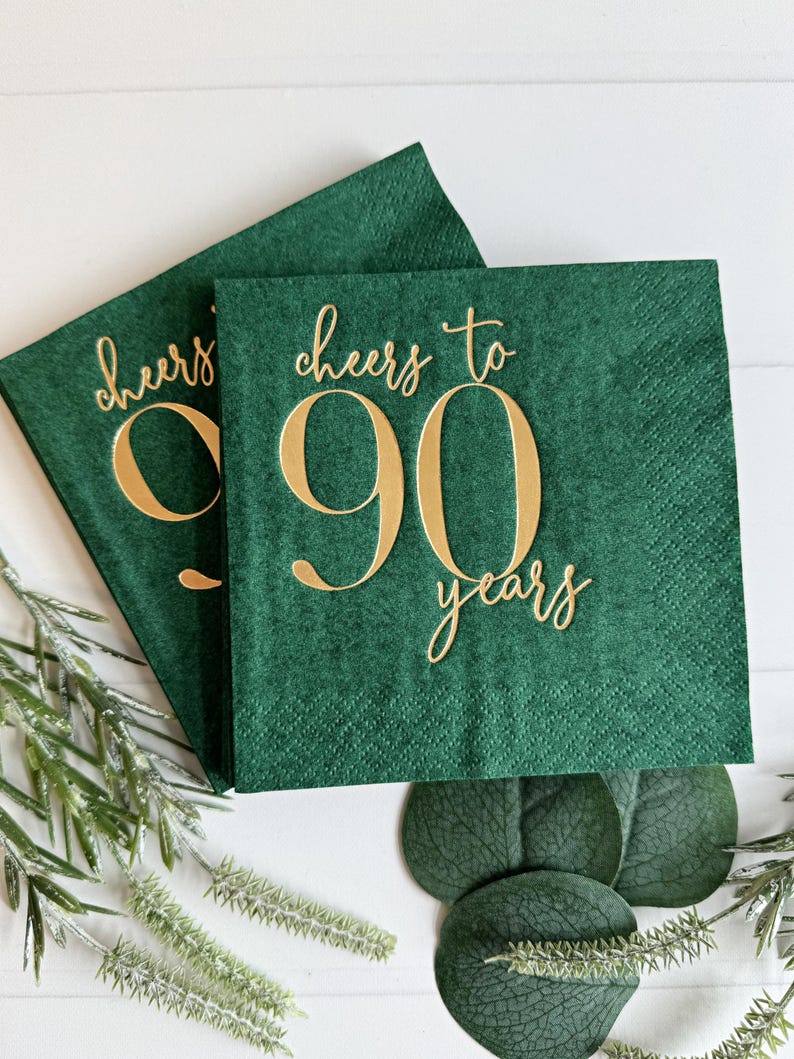 Cheers to 90 Years - Gold Foil | Set of 16 90th Birthday Beverage or Luncheon Napkins Gold/Green Cocktail