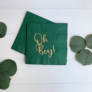 'Oh Boy' in ice blue foil on white paper napkins are the perfect touch for balancing all the tasty treats that will be served at the baby shower!
You can select your color choice from the drop down menu.  Everything from forest green and gold, to red on white, and ice blues and navys.  You can match your baby shower themes with ease with these napkins.