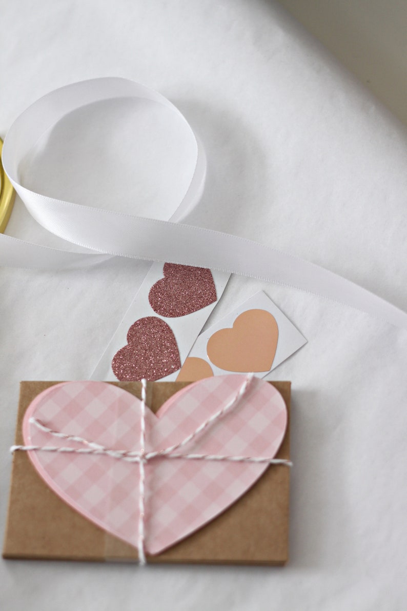 Handmade DIY Valentine cards or lunchbox notes - cute little gingham hearts and kraft envelopes.