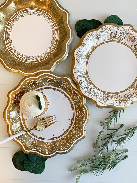 Gold Paper Plates - Party Porcelain Lacy Details