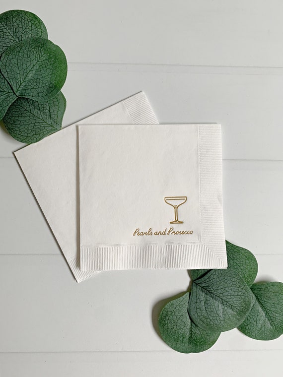 Pearls & Prosecco Bridal Shower Napkins: Gold Foil Cocktail Napkins, Set of 16