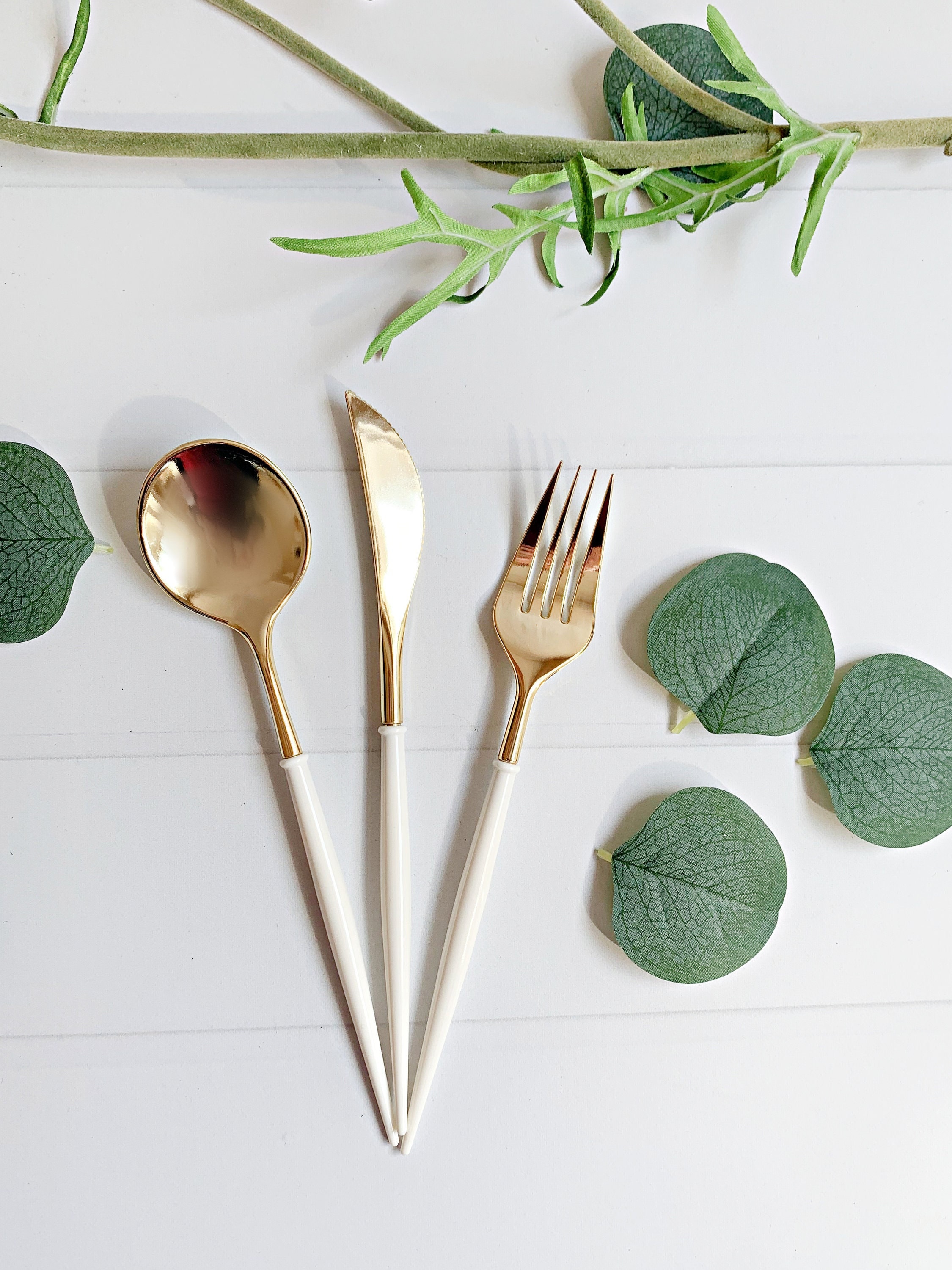 Ivory & Gold Modern Utensils, Picnic, Wedding, Bridal Shower | 8 Forks | 8 Spoons | 8 Knives