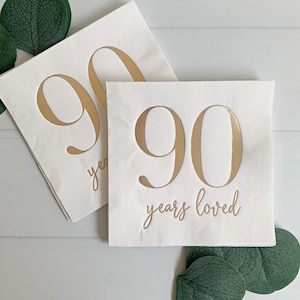 Serviettes pour boisson 90e anniversaire : feuille d'or, « 90 ans d'amour » - Lot de 16