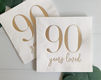 90 Years Loved Cocktail Napkins  - Gold Foil