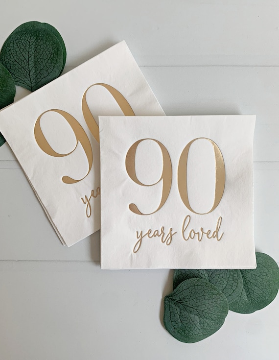 90th Birthday Drink Napkins: Gold Foil, "90 Years Loved" - Set of 16