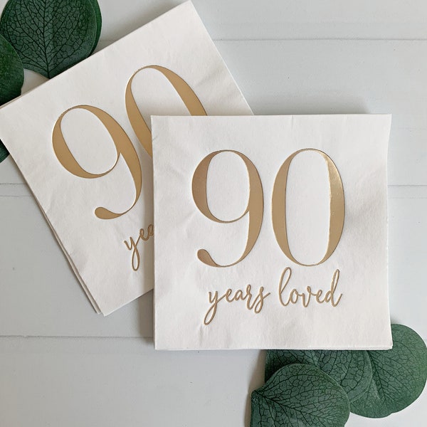 90th Birthday Drink Napkins: Gold Foil, "90 Years Loved" - Set of 16