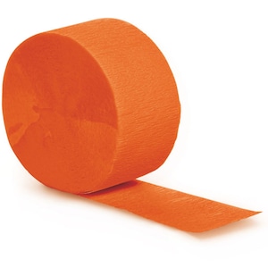 May include: A roll of orange crepe paper streamer. The streamer is curled and unfurled, showing the texture of the paper.