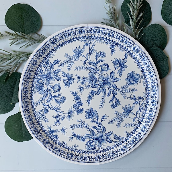 Blue Toile Dinner Plates - Bold Floral
