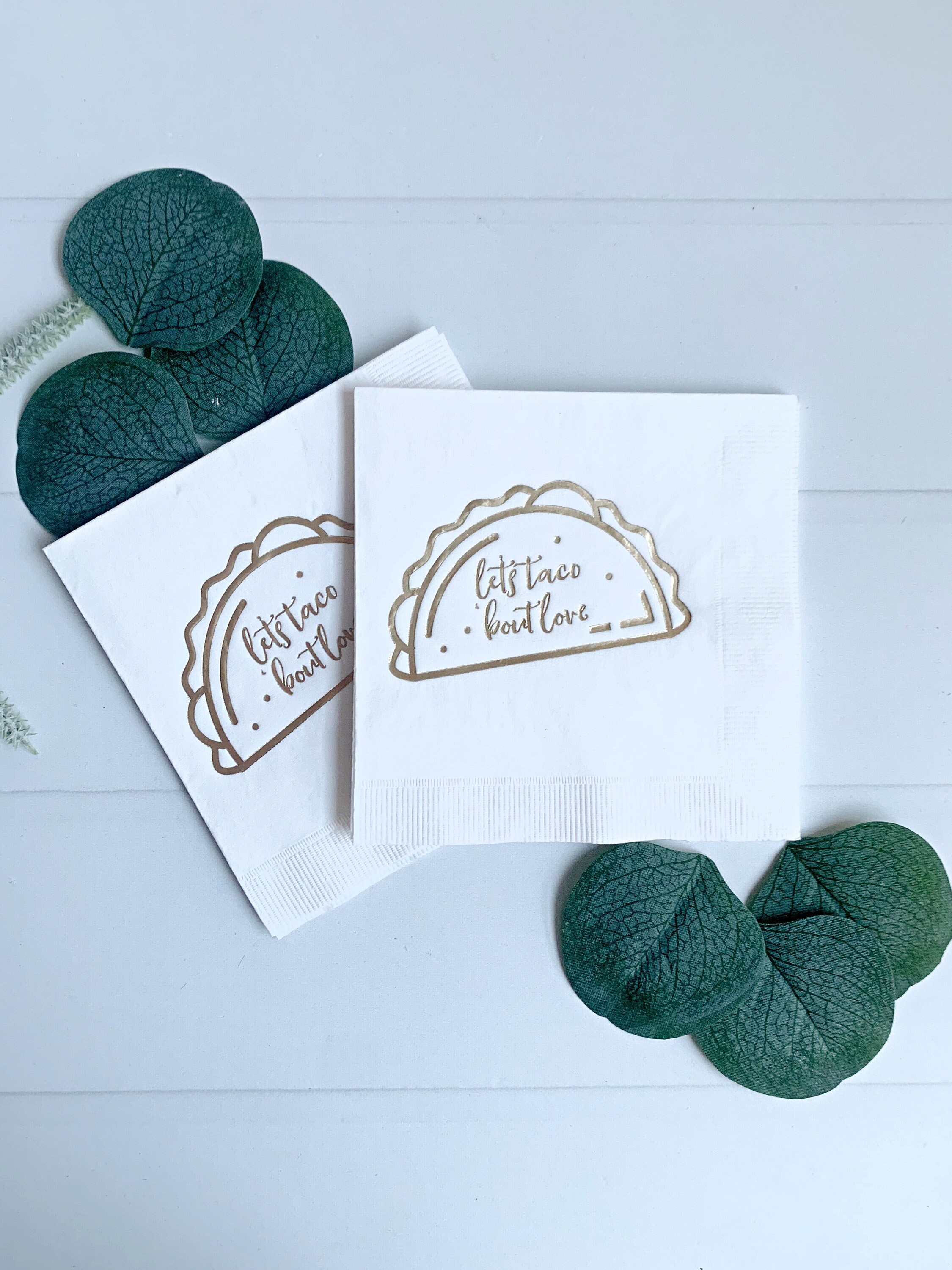 Lets Taco Bout Love Napkins Cocktail Gold on White