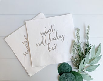 Gender Reveal What Will Baby Be? Napkins - White with Silver