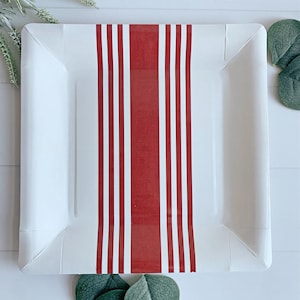 Red Ticking Striped Paper Plates for Christmas, Birthdays, Farmhouse Style