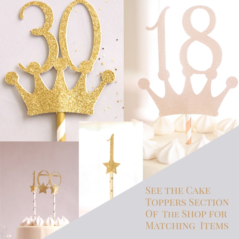 May include: Gold glitter cake toppers with numbers 30, 18, and 1, a crown, and stars. The toppers are on sticks and are perfect for a birthday cake. See the cake toppers section of the shop for matching items.