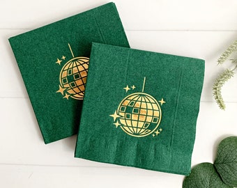 Disco Ball Cocktail Napkins - Green and Gold Sparkle
