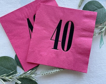 40th Birthday Napkins: Set of 16 Hot Pink Cocktail Napkins with Black Foil