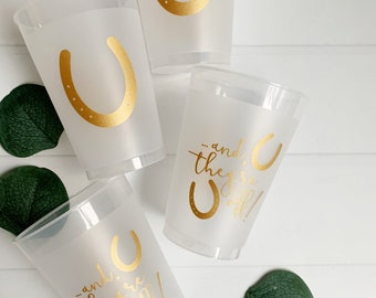 And They’re Off Derby Party Cups: Gold Horseshoe Frosted Plastic, Set of 8