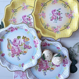 Floral Paper Serving Platters: Yellow & Blue Tea Party Decor (Set of 4)