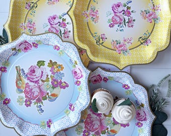 Floral Paper Serving Platters: Yellow & Blue Tea Party Decor (Set of 4)