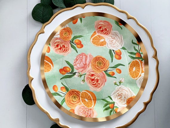 Clementine Dinner Plates - Roses on Mint Il_570xn