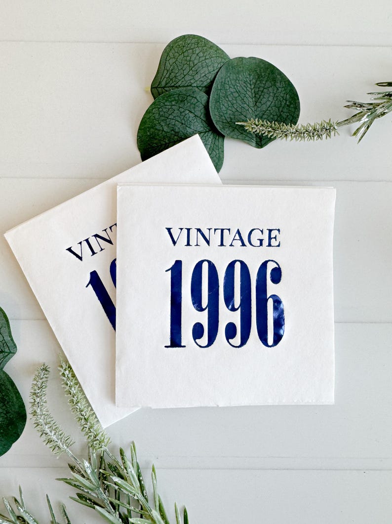Vintage 1996 Cocktail Napkins – Ivory with Black Foil, Birthday Party Decor Navy/White Cocktail