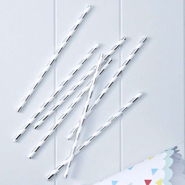 Silver and White Striped Mimosa Bar Straws