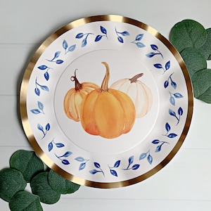 Blue Floral and Pumpkin Dinner Plates- Set of 8 - Paper Plates