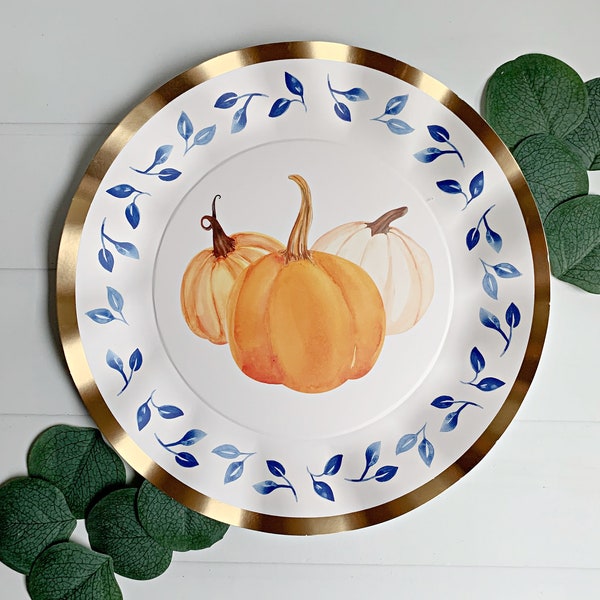 Blue Floral and Pumpkin Dinner Plates- Set of 8